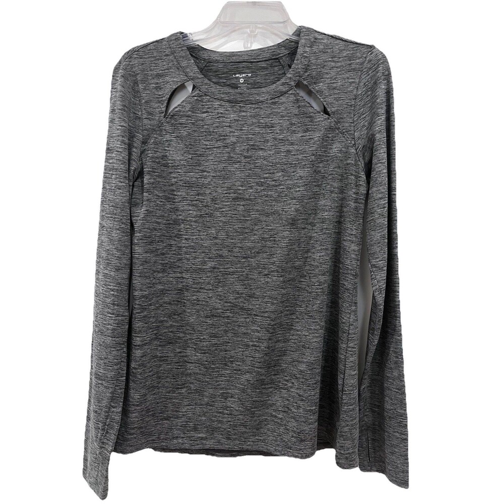 Layer 8 Women’s Performance Top Gray Heather Cutouts LS Medium Thumbholes